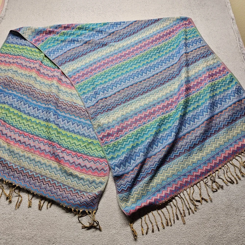 Multicolor Chevron Zigzag Pashmina Wrap Scarf Tassel Fringe Boho Shawl 72x26